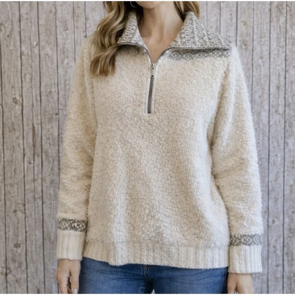 Elie Tahari Wool Blend Crochet Collar 1/4 Zip Cozy Sweater Women's Size Medium
